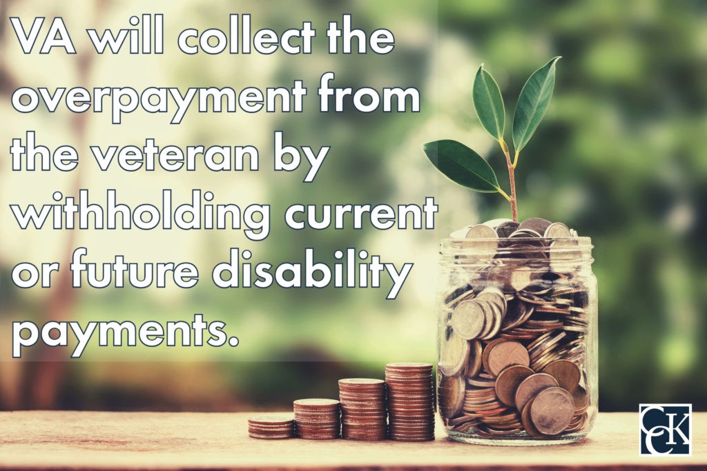 VA will collect the overpayment from the veteran by withholding current or future disability payments.