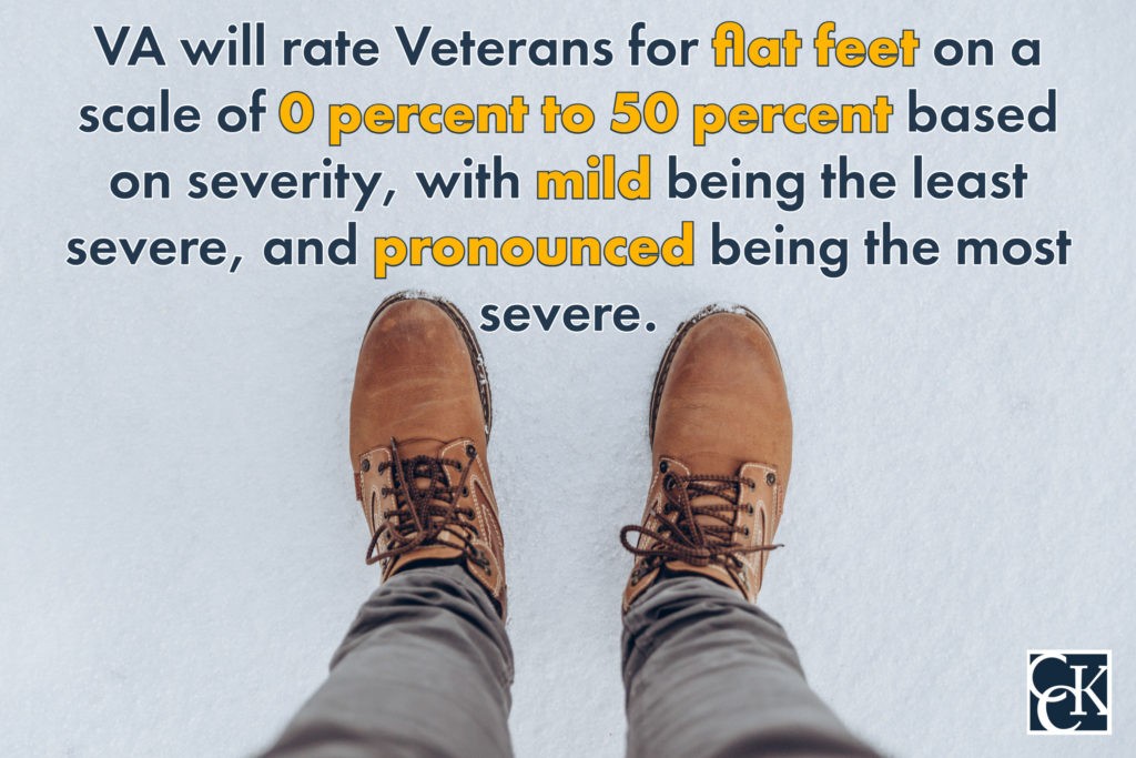 VA will rate Veterans for flat feet on a scale of 0 percent to 50 percent based on severity, with mild being the least severe, and pronounced being the most severe.