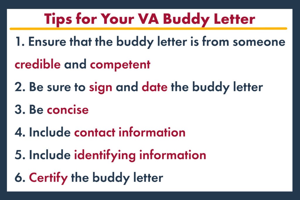 Tips for your va buddy letter 1. Ensure that the buddy letter is from someone credible and competent 2. Be sure to sign and date the buddy letter 3. Be concise 4. Include contact information 5. Include identifying information 6. Certify the buddy letter