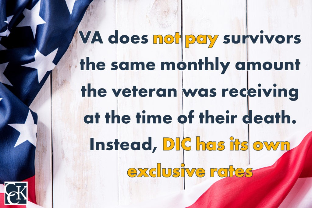 VA does not pay survivors the same monthly amount the veteran was receiving at the time of their death.  Instead, DIC has its own exclusive rates